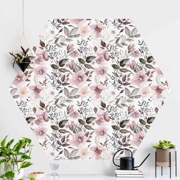 Hexagon Behang Gray Leaves With Watercolour Flowers