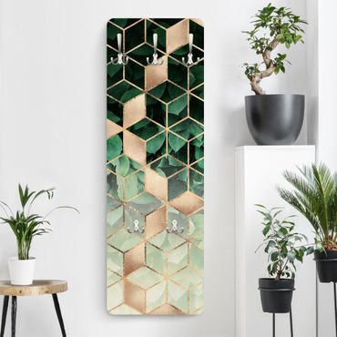 Wandkapstokken houten paneel - Green Leaves Golden Geometry