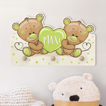 Wandkapstokken voor kinderen Heart Bears With Customised Name Green