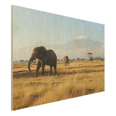 Houten schilderijen Elephants In Front Of The Kilimanjaro In Kenya