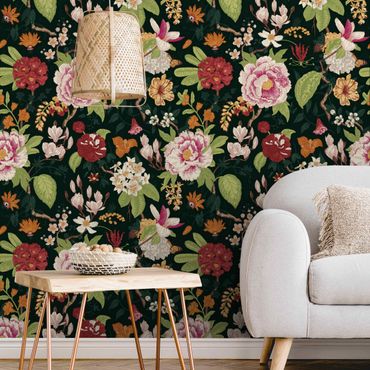 Fotobehang - Illustrated Floral Chinoiserie Pattern On Dark Green