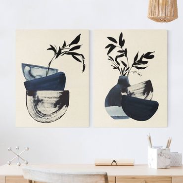 Natuurlijk canvas schilderijen - 2-delig  Japandi Watercolour - Tableware With Branches