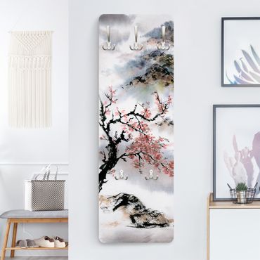 Wandkapstokken houten paneel Japanese Watercolour Drawing Cherry Tree And Mountains