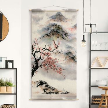 Wandtapijt - Japanese Watercolour Drawing Cherry Tree And Mountain