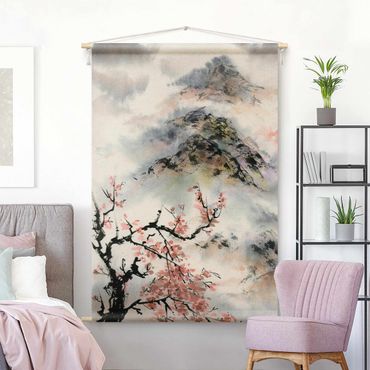 Wandtapijt - Japanese Watercolour Drawing Cherry Tree And Mountain