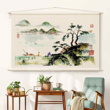 Wandtapijt - Japanese Watercolour Drawing Lake And Mountains