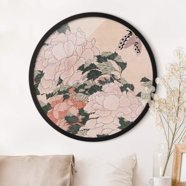 Rond schilderijen Katsushika Hokusai - Peonie rosa con farfalle