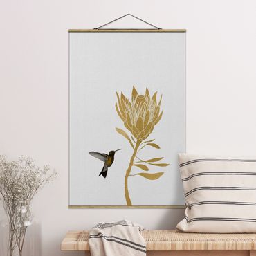 Stoffen schilderij met posterlijst Hummingbird And Tropical Golden Blossom