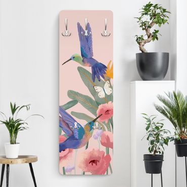 Wandkapstokken houten paneel - Hummingbirds and pink blossoms