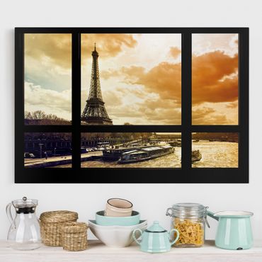 Canvas schilderijen Window view - Paris Eiffel Tower sunset