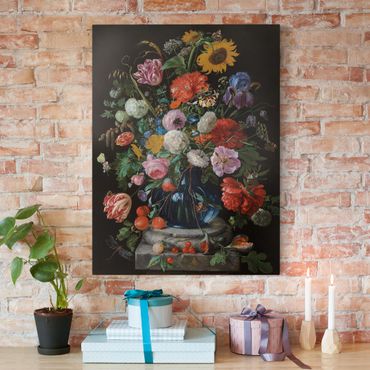 Canvas schilderijen Jan Davidsz de Heem - Tulips, a Sunflower, an Iris and other Flowers in a Glass Vase on the Marble Base of a Column