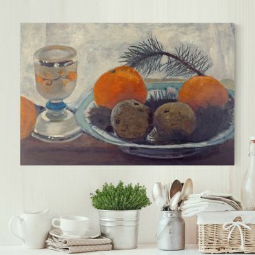 Canvas schilderijen Paula Modersohn-Becker - Still Life with frosted Glass Mug, Apples and Pine Branch