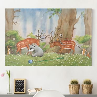 Canvas schilderijen Vasily Raccoon - Vasily Helps The Deer