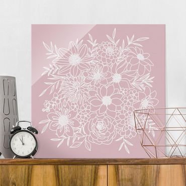Glasschilderijen Lineart Flowers In Dusky Pink