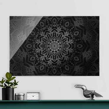 Glasschilderijen Mandala Flower Pattern Silver Black