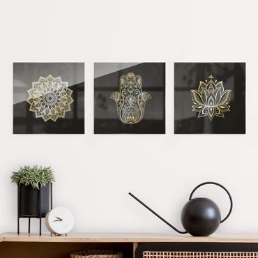 Glasschilderijen - 3-delig Mandala Hamsa Hand Lotus Set On Black