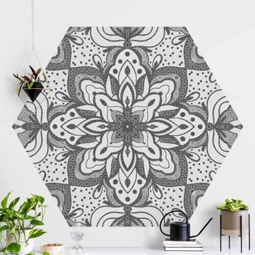 Hexagon Behang Mandala With Grid And Dots In Gray