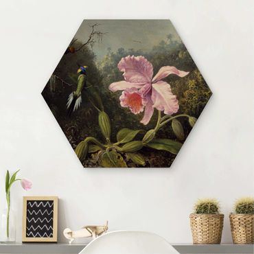 Hexagons houten schilderijen - Martin Johnson Heade - Still Life With An Orchid And A Pair Of Hummingbirds