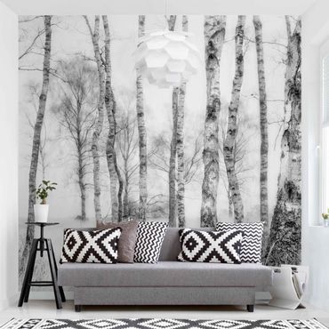 Fotobehang Mystic Birch Forest Black And White
