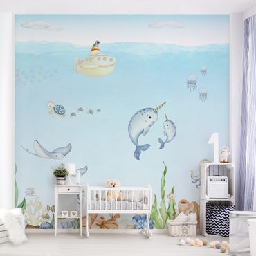 Fotobehang - Narwhal family with friends