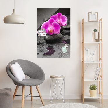 Glasschilderijen Pink Orchid Flower On Stones With Drops