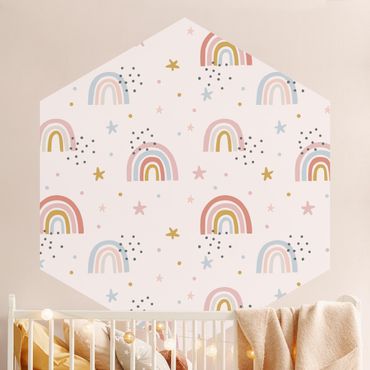 Hexagon Behang Rainbow World With Stars And Dots