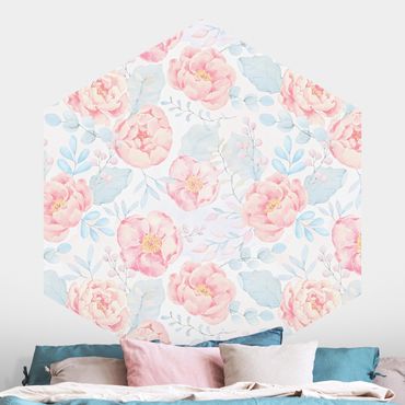 Hexagon Behang Pink Flowers With Light Blue Leaves