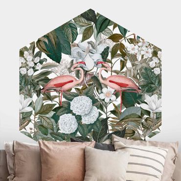 Hexagon Behang Pink Flamingos With Leaves And White Flowers