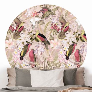 Behangcirkel Pink Pastel Birds With Flowers