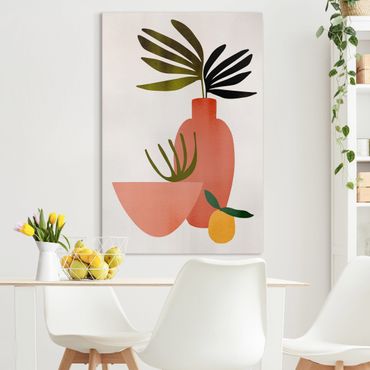Canvas schilderijen Pink Vase In Lemon