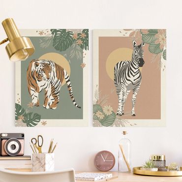 Natuurlijk canvas schilderijen - 2-delig  Safari Animals - Sun Behind Zebra And Tiger