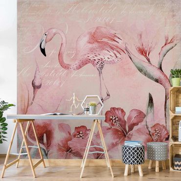 Fotobehang Shabby Chic Collage - Flamingo