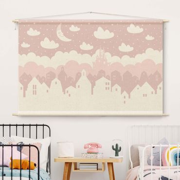 Wandtapijt - Starry Sky With Houses And Moon In Light Pink