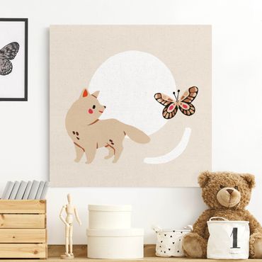 Natuurlijk canvas schilderijen Cute Animal Illustration - Cat And Butterfly
