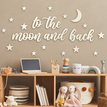 Wanddecoratie hout 3D opschrift - To the moon and back - Stars