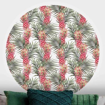 Behangcirkel Tropical Pineapple With Palm Leaves