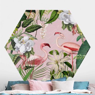 Hexagon Behang Tropical Flamingos With Plants In Pink