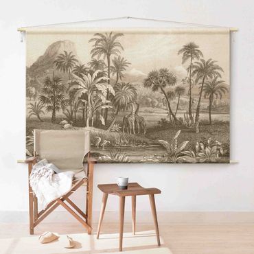 Wandtapijt - Tropical Copperplate Engraving With Giraffes In Brown