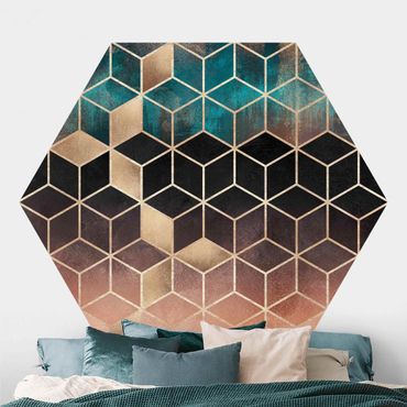 Hexagon Behang Turquoise Rosé Golden Geometry