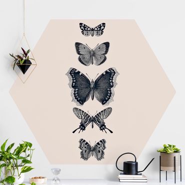Hexagon Behang Ink Butterflies On Beige Backdrop