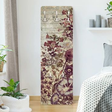 Wandkapstokken houten paneel Vintage Floral Wood Look II
