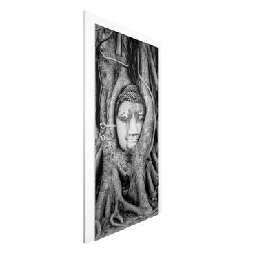 Deur behang Buddha In Ayutthaya Lined From Tree Roots In Black And White