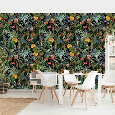 Patroonbehang Birds With Tropical Flowers