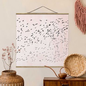 Stoffen schilderij met posterlijst Flock Of Birds In The Sunset