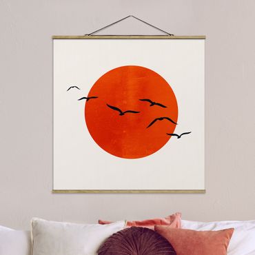Stoffen schilderij met posterlijst Flock Of Birds In Front Of Red Sun I