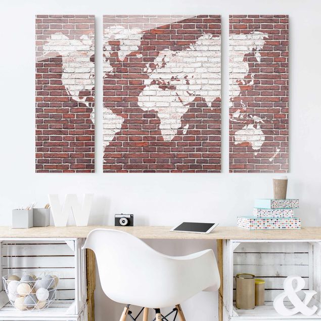 Glasschilderijen - 3-delig Brick World Map