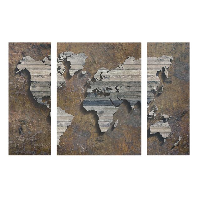 Glasschilderijen - 3-delig Wooden Grid World Map