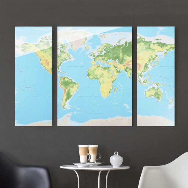 Glasschilderijen - 3-delig Physical World Map