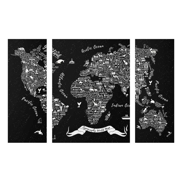 Glasschilderijen - 3-delig Typography World Map Black