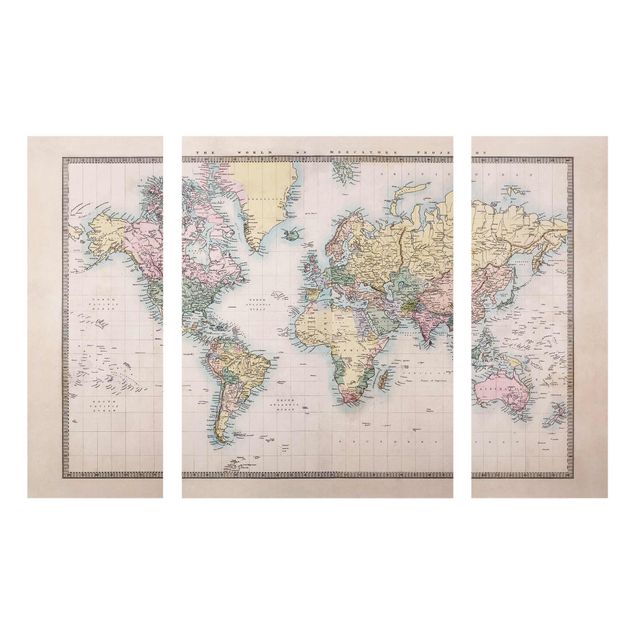 Glasschilderijen - 3-delig Vintage World Map Around 1850